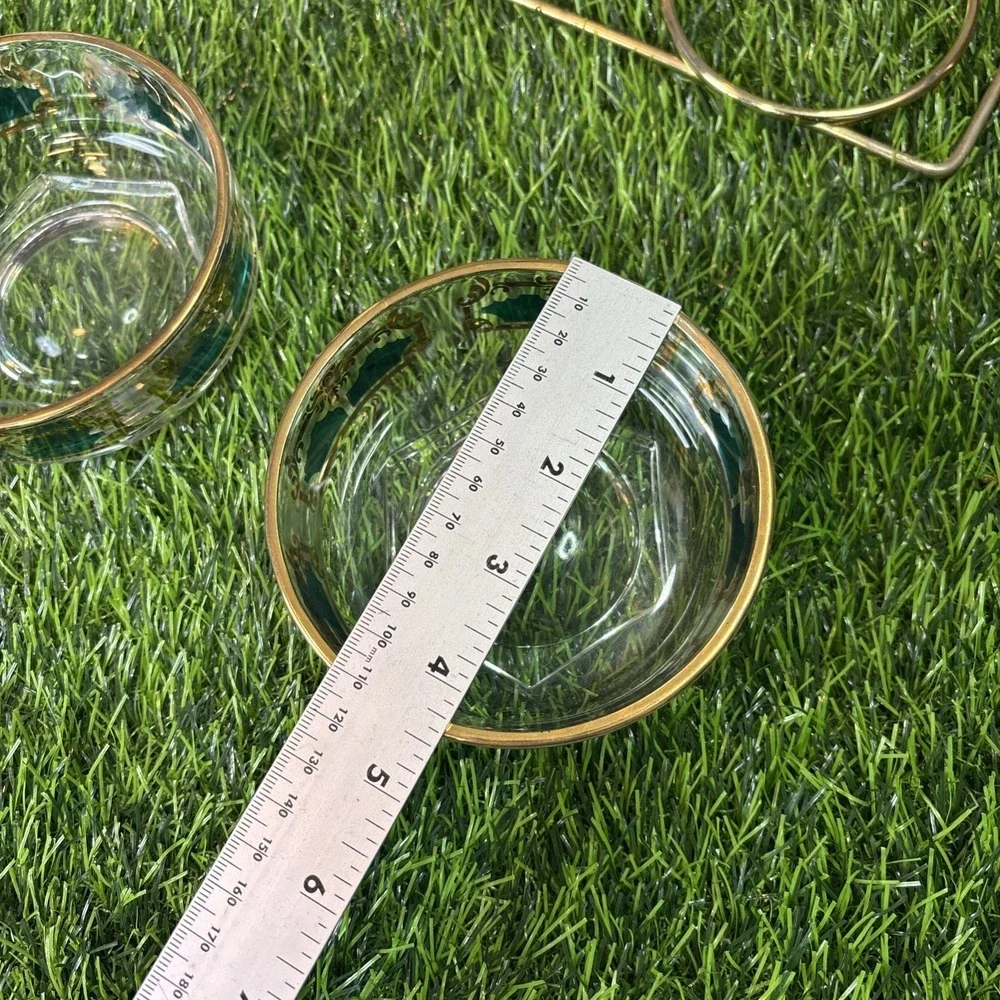 Vintage Gold Green Glass Bowls w/ Brass Tone‎ Caddy Wood Handle MCM Style Set